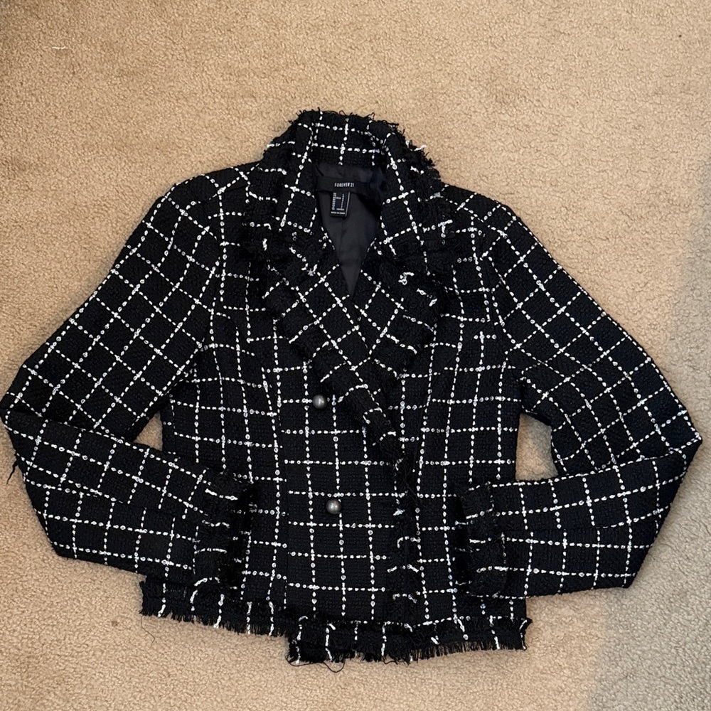Forever 21 Black and White Grid tweed material jacket size L